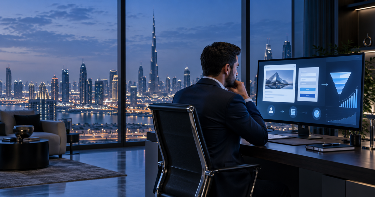 Digital marketing strategist reviewing a conversion-focused landing page in a modern Dubai office