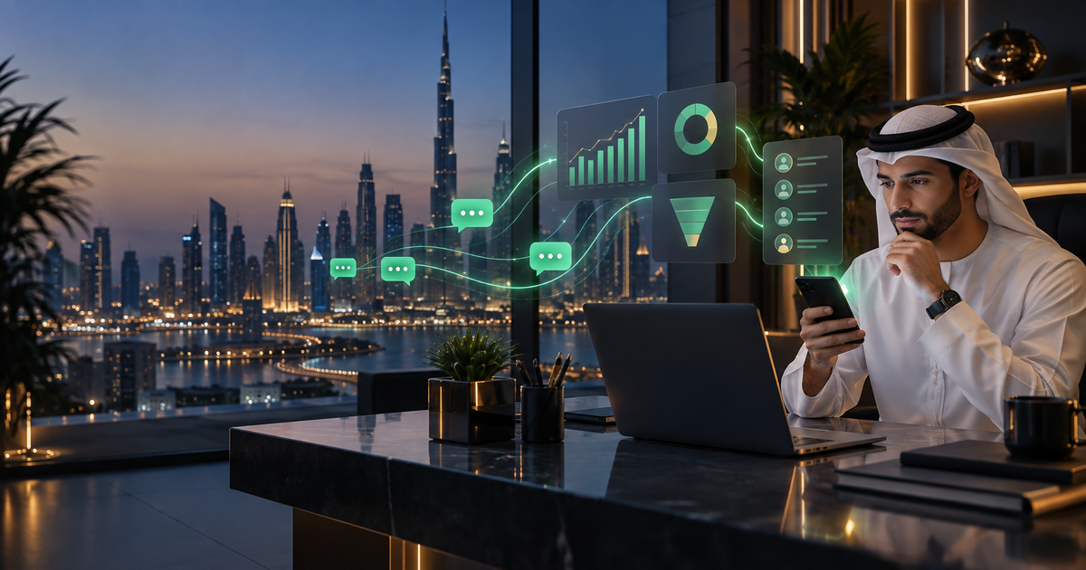 Dubai digital marketer measuring WhatsApp inquiries and lead conversions through an analytics dashboard
