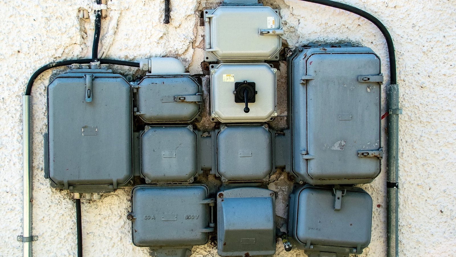 A wall mounted grid of grey electrical junction boxes with an isolator switch